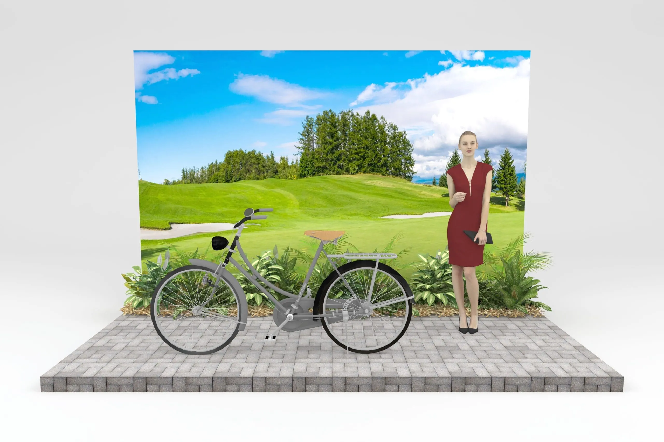 Nature-Themed 3D Photo Booth Backdrop Design Woman in burgundy dress standing with bicycle on paved surface in front of scenic golf course backdrop with green grass, trees, and blue sky