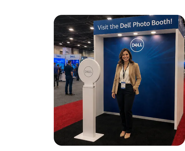 Dell Trade Show Photo Booth Woman posing in Dell-branded photo booth with LED mirror display