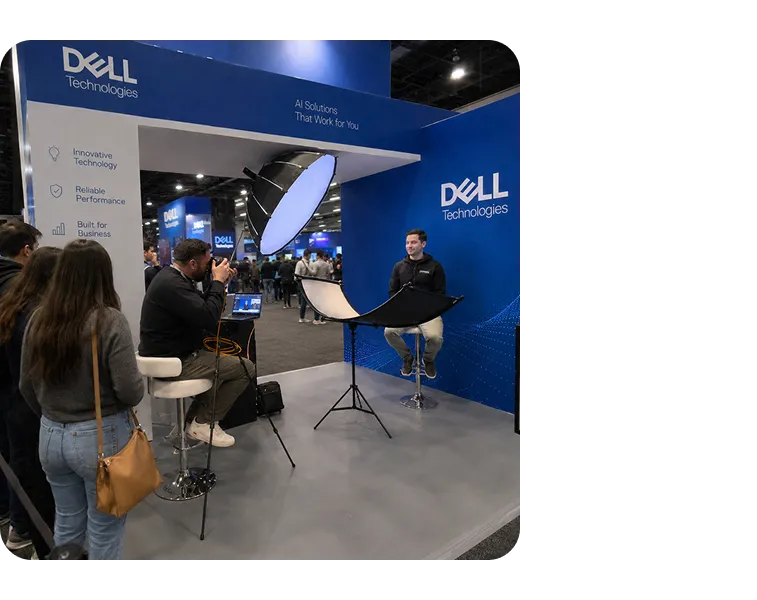 Enterprise Trade Show Photo Booth Installation Dell Technologies trade show booth with photo booth setup, professional lighting, and attendees waiting in queue