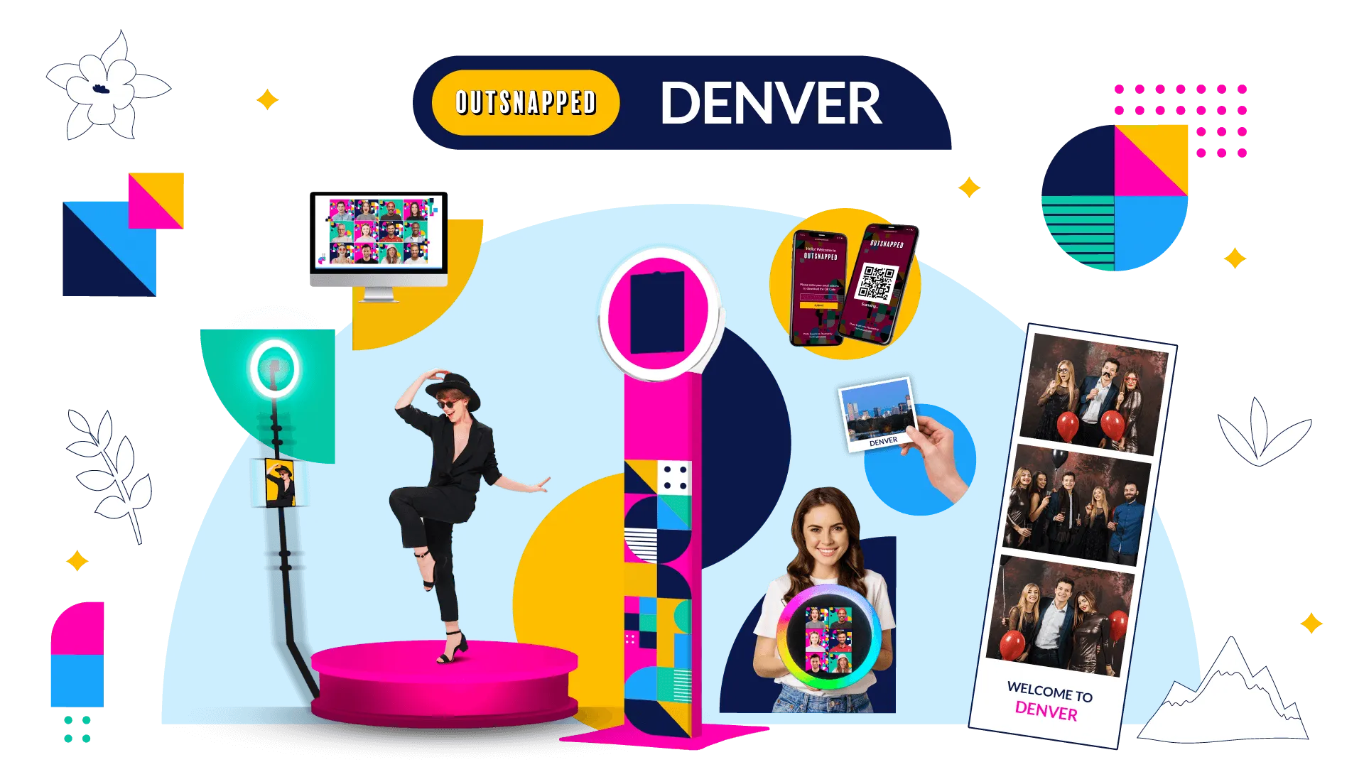 Colorful illustration of OutSnapped photo booth products in Denver, featuring FutureFoto open-air booth, roaming booth operator, 360 video booth, and AI photo booth with event guests using various photo booth options