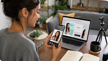 Digital Content Management Professional woman at desk managing photo content across smartphone, laptop, and tablet displays
