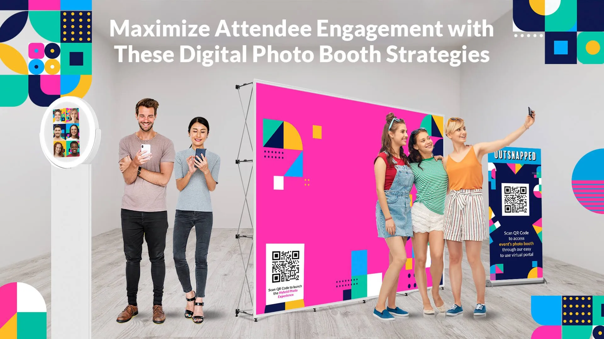 Digital Photo Booth with Branded Backdrop Display Two pairs of people posing at branded digital photo booths with colorful geometric designs and QR codes, demonstrating engagement strategies for event attendees.