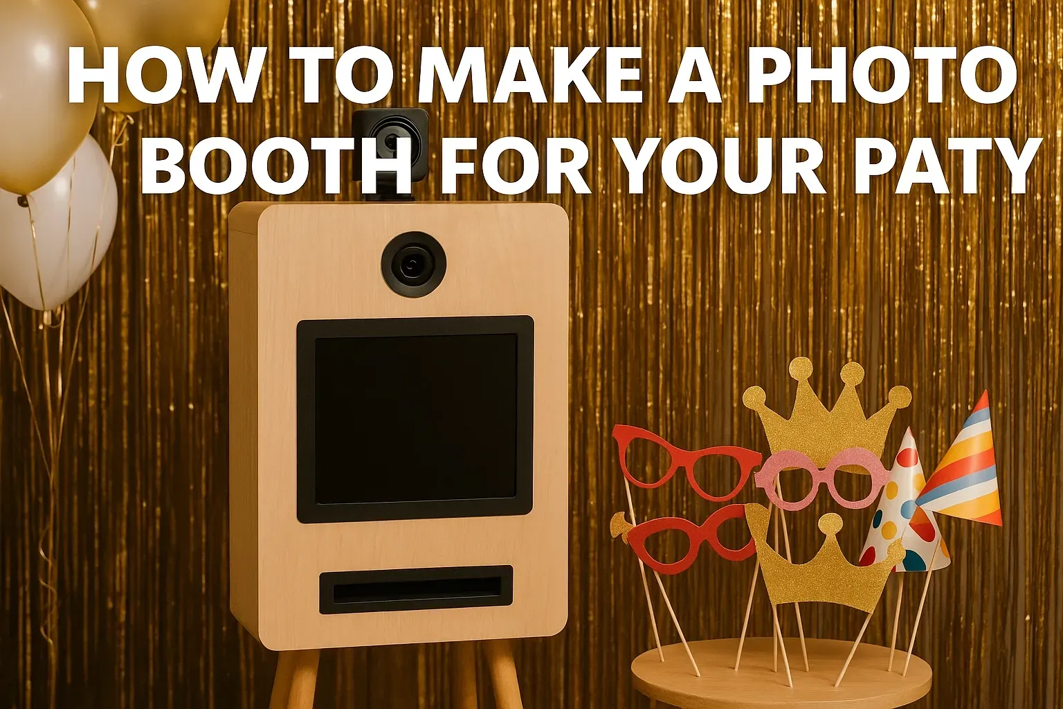 DIY photo booth made from cardboard with camera lens and black screen, styled with gold fringe backdrop, colorful party props including crown, heart glasses, and rainbow feather boa
