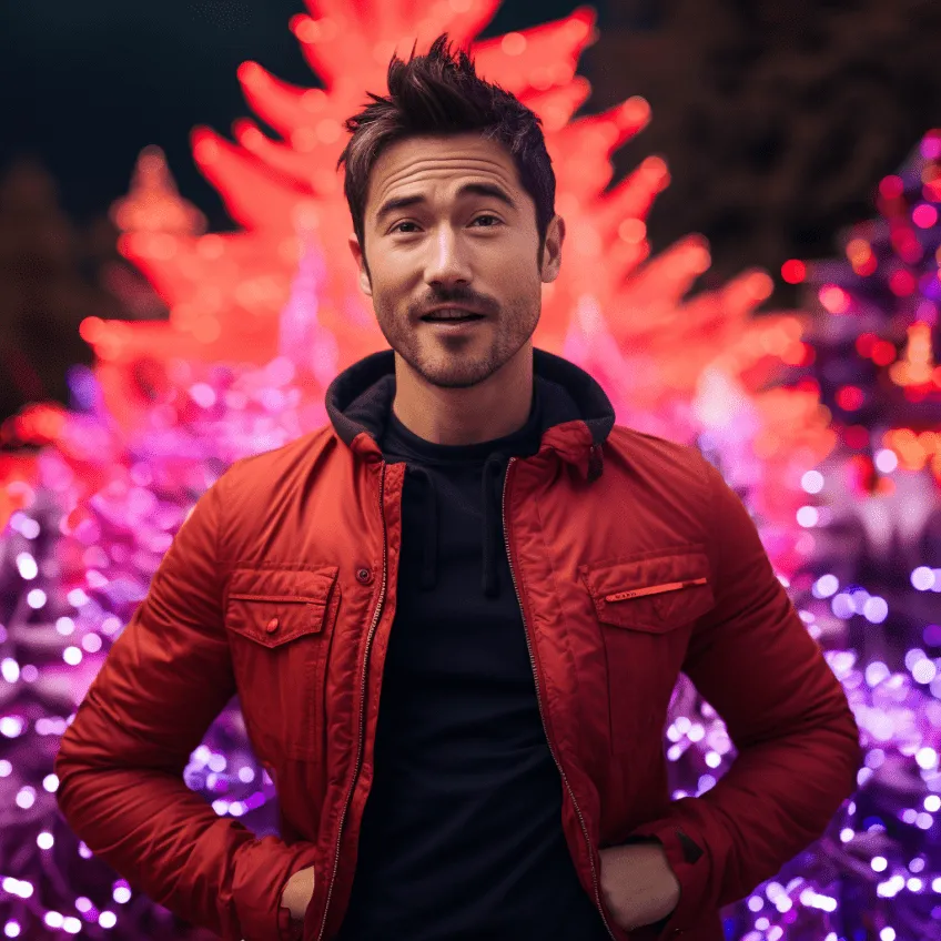 Man in red jacket and neon bokeh lights creating warm festive atmosphere with dynamic color effects