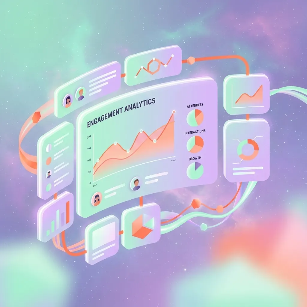 Interactive analytics dashboard showing engagement metrics, attendees, interactions, and growth charts