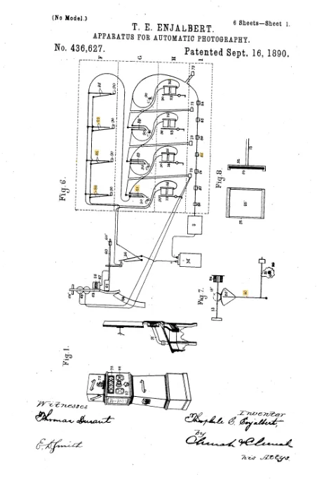 T.E. Enjalbert's 1890 patent for automatic photography apparatus showing mechanical camera mechanism with film cartridge, lens assembly, and exposure controls.