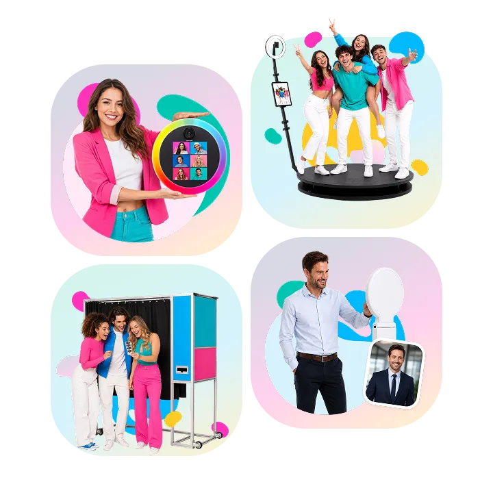 Event Photo Booth Experience Guide with Four Booth Types Illustrated guide showing four different photo booth event scenarios and experiences