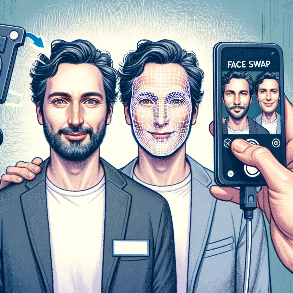 AI face-swap technology demonstration Two men with digital face-swap mesh overlay demonstrated on smartphone application