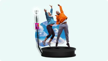 Multi-Angle Group Photo Booth Experience Four people jumping and celebrating on a FutoRover roaming photo booth platform against a light blue background