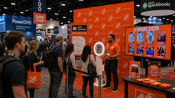 Trade Show Photo Booth Setup FutureFoto open-air photo booth at SMM 2026 trade show with orange branded booth, attendees viewing display screens, and staff in orange shirts