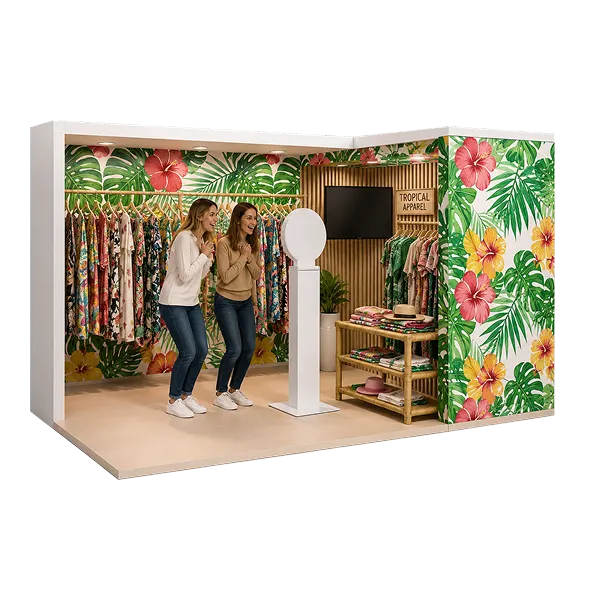 FutureFoto Open-Air Booth Demo Compact FutureFoto open-air booth with tropical floral wallpaper and white LED ring light, two users inside taking photos