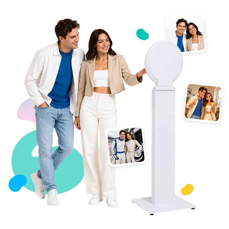 FutureFoto Couples Photo Experience Couple posing with FutureFoto white pedestal ring light display showing instant photo samples