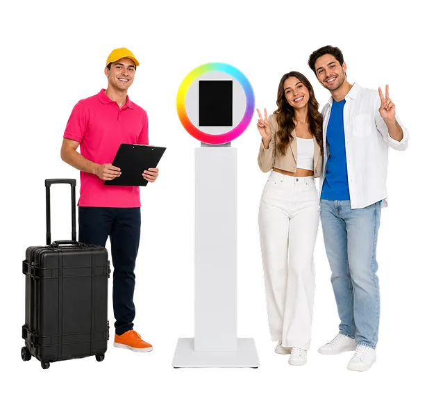 FutureFoto In-Use Demo Operator and two attendees demonstrating FutureFoto booth with colorful ring light and digital mirror