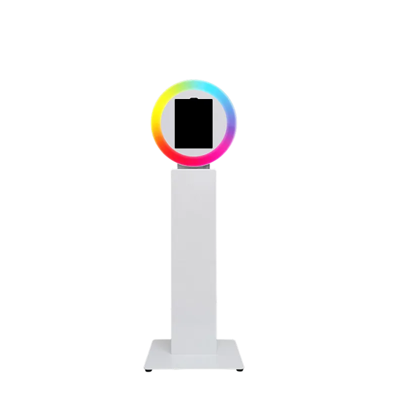 FutureFoto Product Hero Shot FutureFoto open-air photo booth with colorful ring light and black photo frame on white pedestal stand