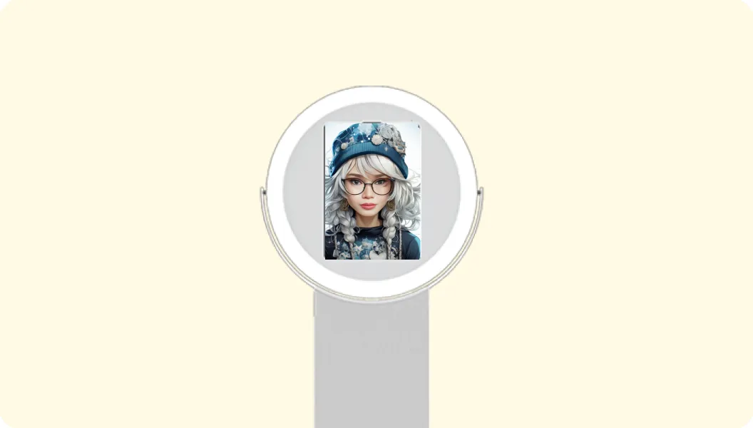 FutureFoto Photo Booth with AI Portrait FutureFoto open-air photo booth with ring light displaying an AI-generated winter portrait on screen