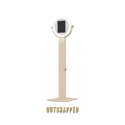 FutureFoto Gold Glow Photo Booth Equipment FutureFoto open-air photo booth with beige stand and circular mirror-style frame at top, touchless design ideal for weddings and events