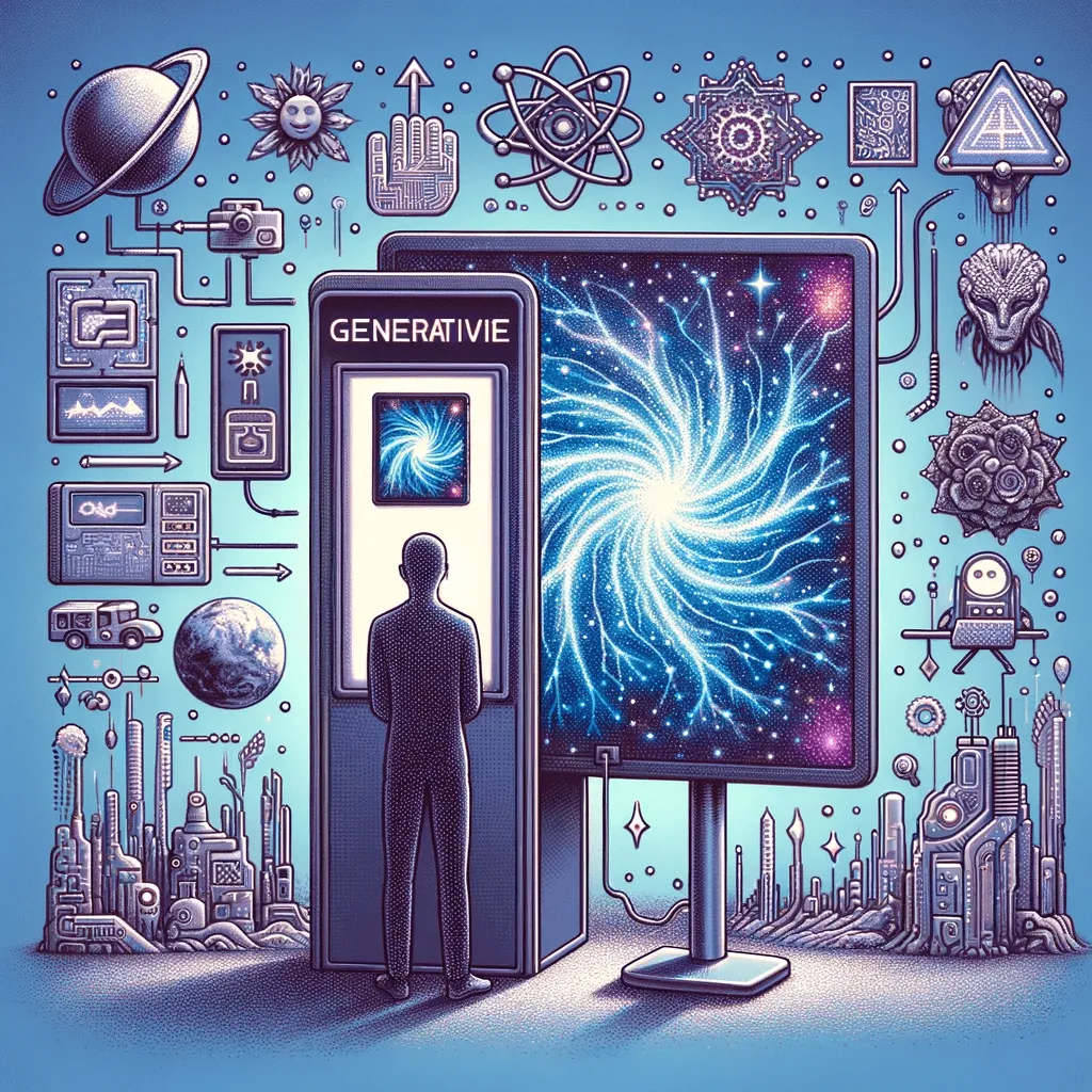 Generative AI technology concept illustration Silhouetted person facing glowing AI interface surrounded by tech and science icons