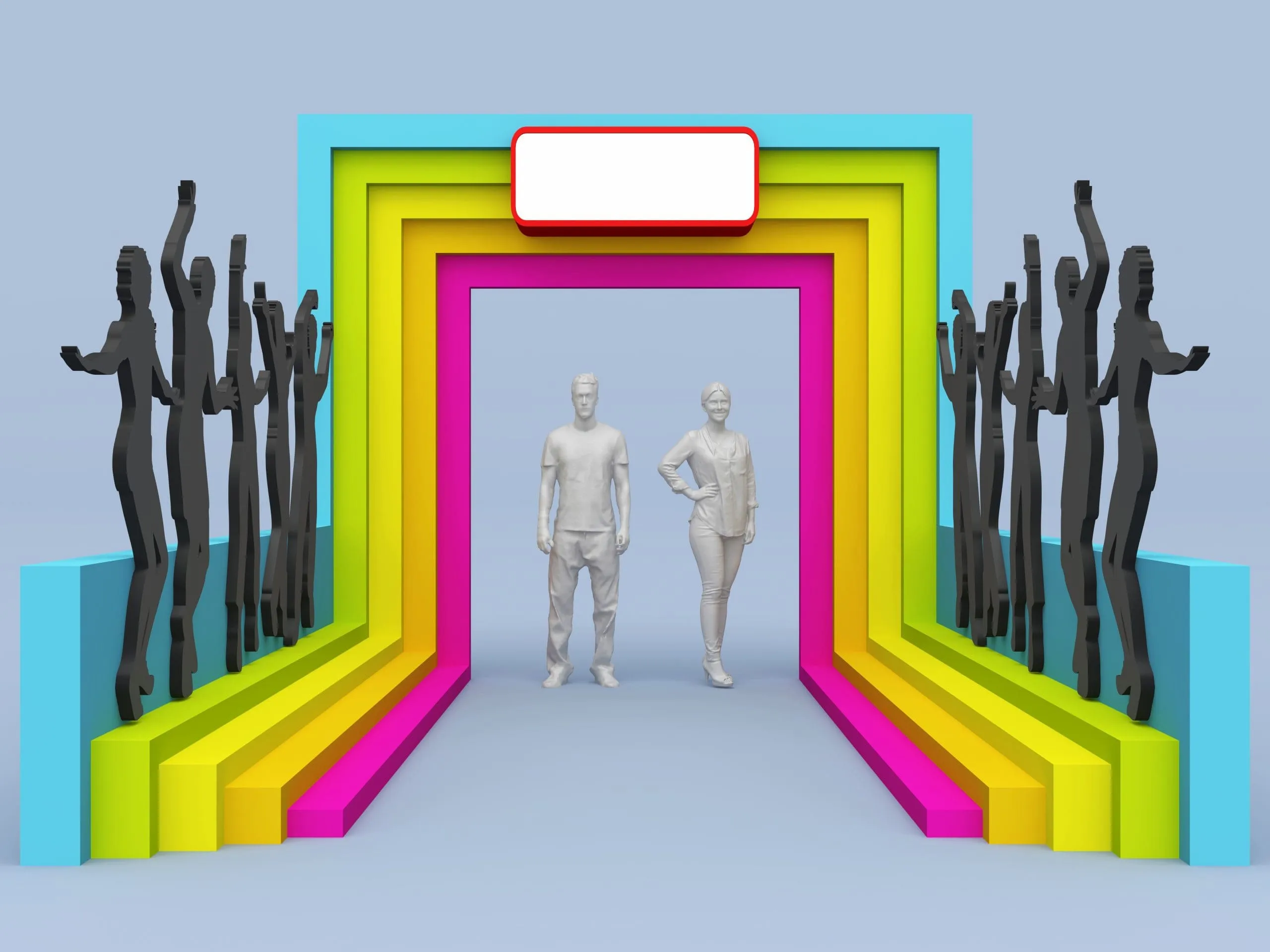 Colorful Geometric Photo Booth Entrance Design Colorful geometric photo booth entrance with nested neon yellow, magenta, and cyan frames, flanked by black sculptural hands, featuring two mannequins posing inside
