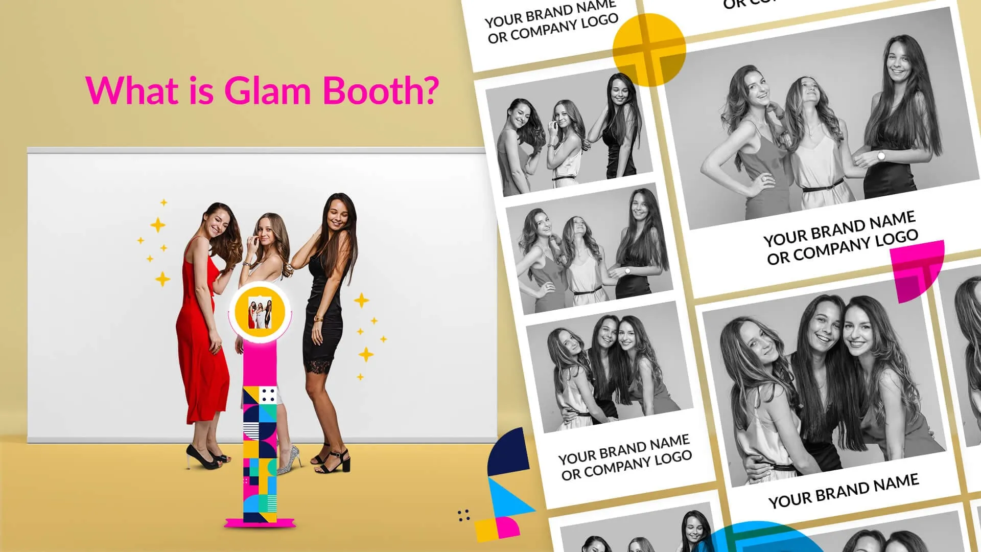 Glam booth experience and photo output Women posing at colorful photo booth with black and white photo strip output
