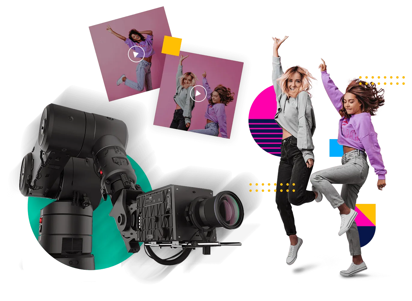 Professional cinema camera with event guests jumping and instant photos displayed