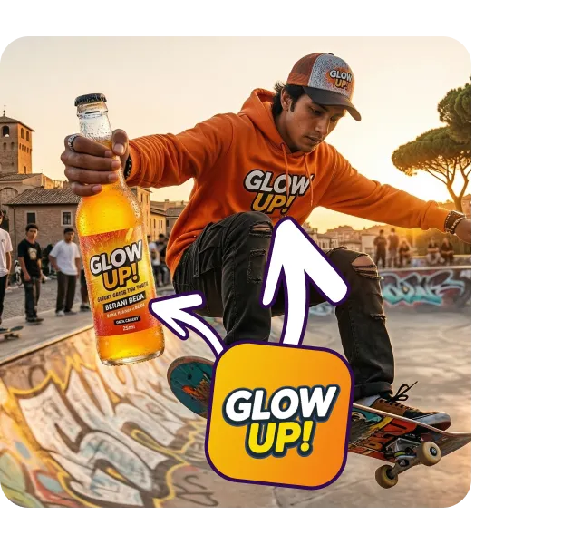 Beverage Brand Activation at Urban Event Man in GLOW UP branded clothing posing on skateboard with beverage product placement