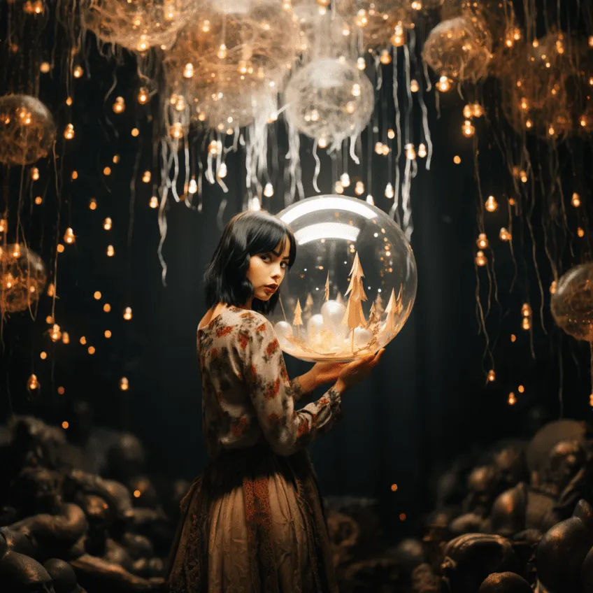 Woman holding glowing snow globe with castle scene, surrounded by golden hanging lights