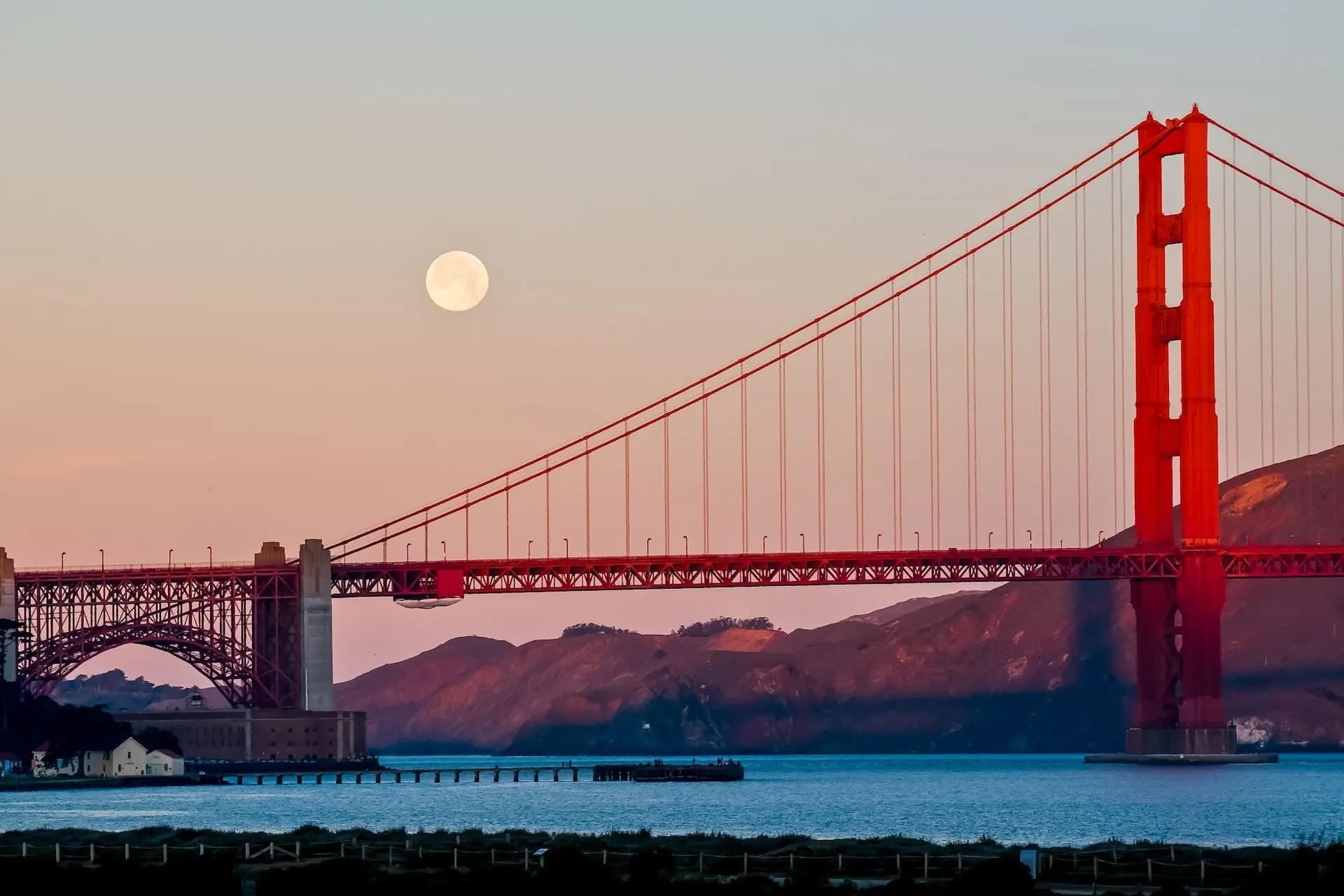 Golden Gate Bridge Sunset Venue Backdrop Golden Gate Bridge at dusk with full moon and sunset colors