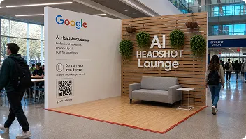Google AI Headshot Lounge - Corporate Installation Google AI Playground Lounge with wooden accent wall and gray seating at a trade show or brand activation venue