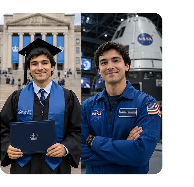 Career progression split portrait: Columbia graduate with diploma and NASA systems engineer