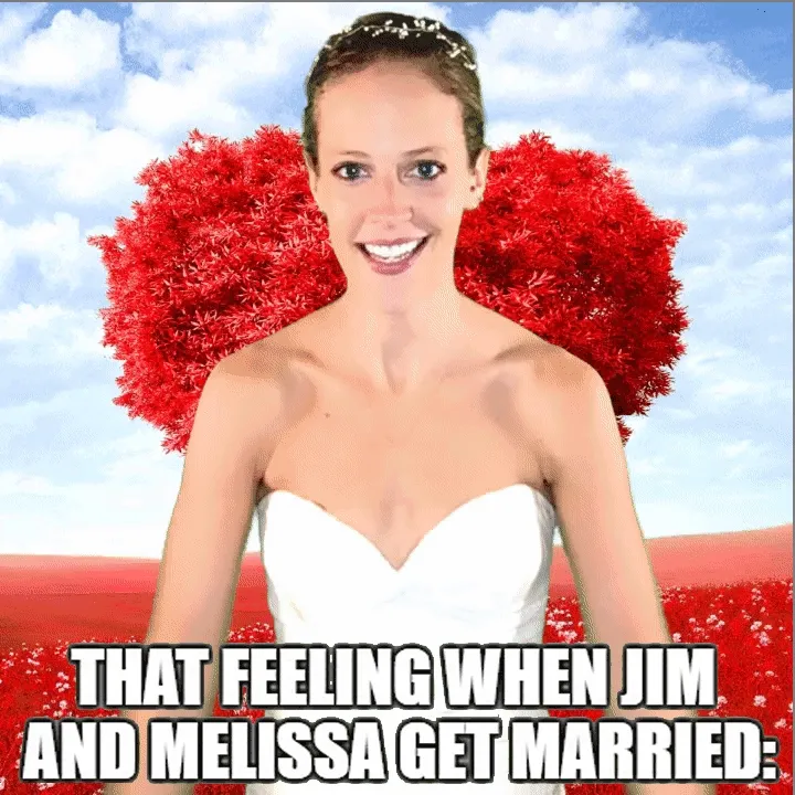 Red Wings Meme Green Screen Template Woman in white strapless dress with exaggerated red tinsel wings against blue sky background, captioned with wedding humor text overlay