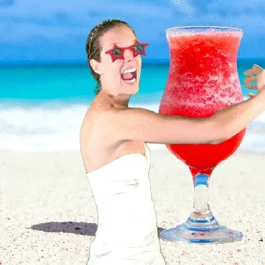 Bride with tropical cocktail beach green screen Woman in white strapless dress wearing oversized red star-shaped sunglasses holds giant tropical cocktail against green screen beach background