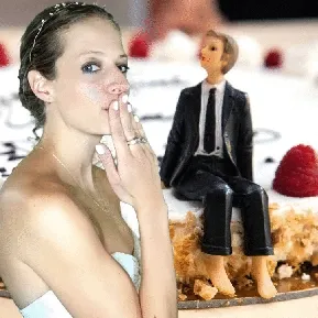 Wedding Cake & Figurines Green Screen Bride with hand to face beside miniature groom figurine on wedding cake during green screen photo booth session