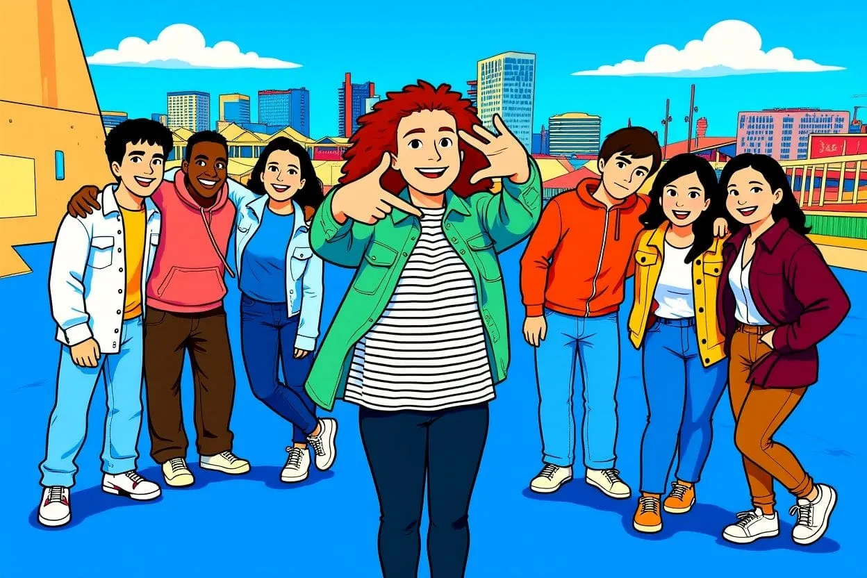 GroupIntelligence Feature Illustration Diverse group of seven smiling young people standing together against a vibrant blue cityscape background, representing GroupIntelligence AI photo booth's group photo technology.