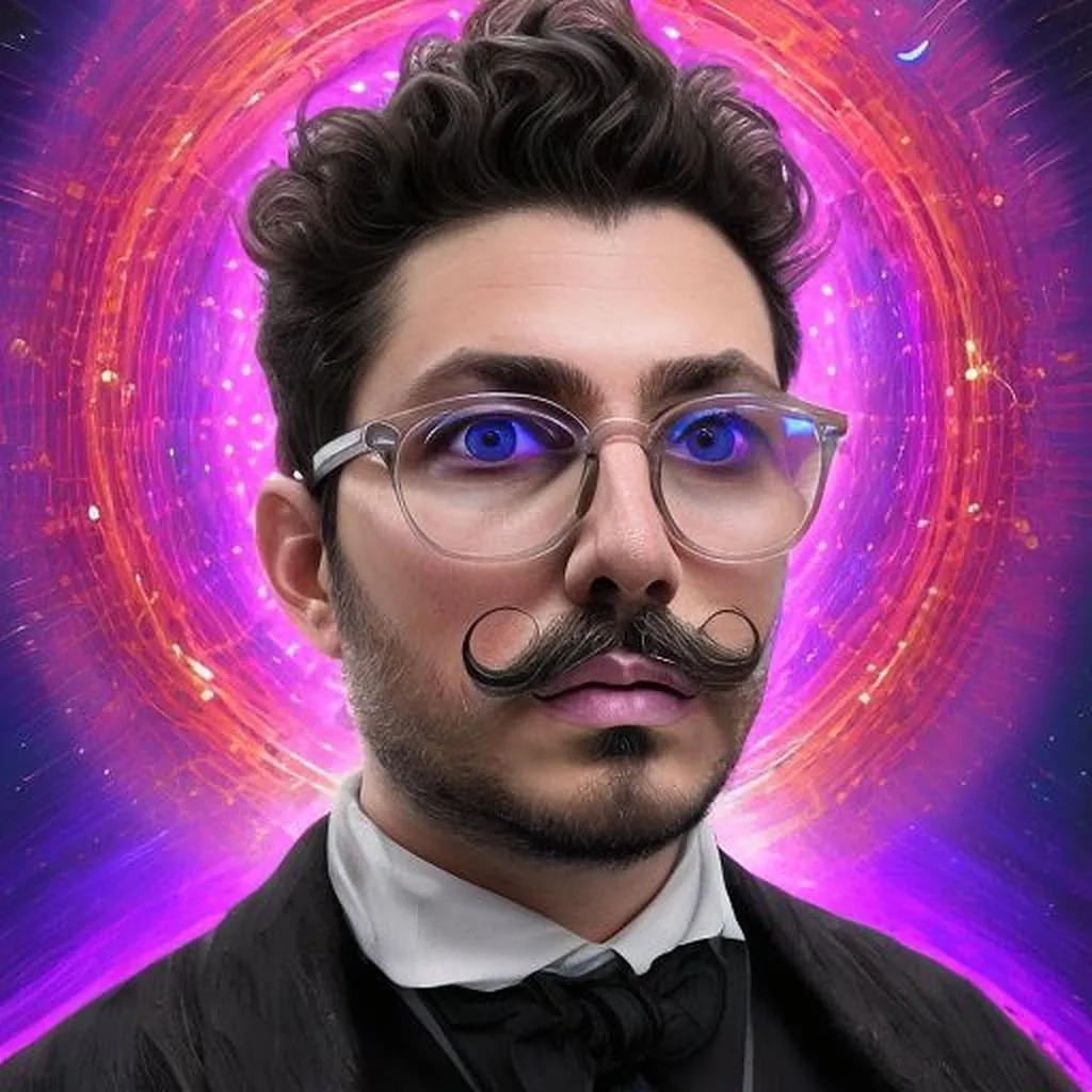 Handlebar Mustache Cosmic Vortex Man with handlebar mustache and clear glasses against swirling magenta and orange cosmic backdrop