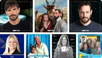 Grid of eight sample photo booth outputs showing branded frames with HBOMax logo, featuring portraits and group photos with various backgrounds and styling