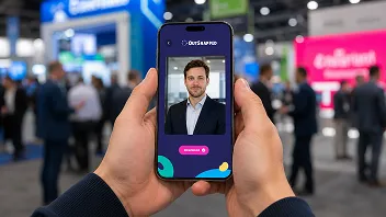 Headshot Booth Mobile Delivery Experience Smartphone displaying professional headshot result at conference with blurred event crowd background
