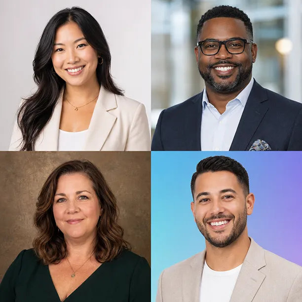 Professional Corporate Headshots Portfolio Grid of four professional LinkedIn-ready corporate headshots with varied professional backgrounds
