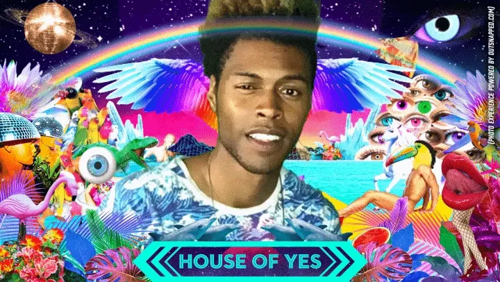 Colorful psychedelic photo frame with rainbow, cosmic elements, and vibrant florals surrounding a person's portrait, branded with 'HOUSE OF YES' text overlay