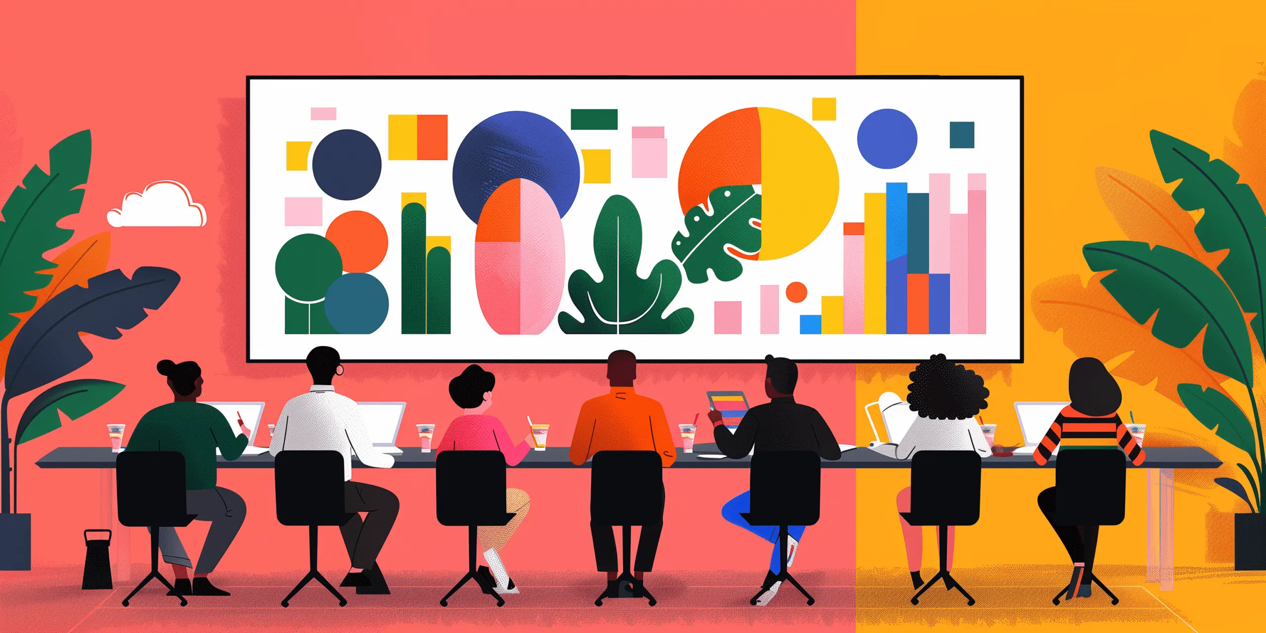 Diverse Team Collaborating with AI Analytics Display Seven diverse professionals seated at a table facing a large screen displaying colorful data visualization charts and geometric shapes in a modern office setting with coral and orange gradient background.