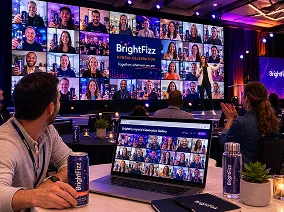 Hybrid Event Photo Wall — Virtual & In-Person Capture Video wall with grid of participant faces at large-scale event activation