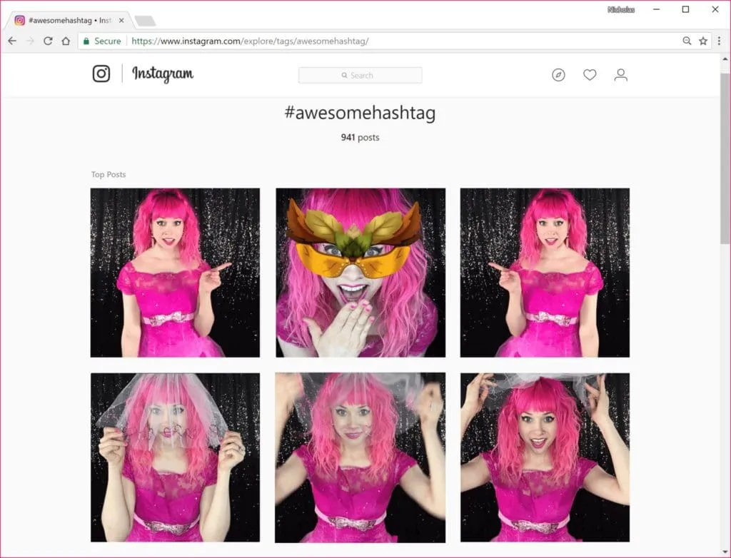 Instagram hashtag feed of photo booth shots Instagram feed showing #awesomehashtag with six top posts of people in bright pink wigs and coordinated outfits posing with props and facial expressions