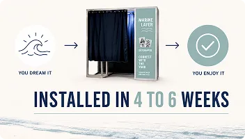 Streamlined long-term booth installation process Installation process timeline showing booth delivery from concept to completion in 4 to 6 weeks