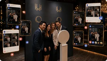 Interactive Guest Experience at Digital Photo Booth Four guests interacting with photo booth with digital displays and interactive engagement icons