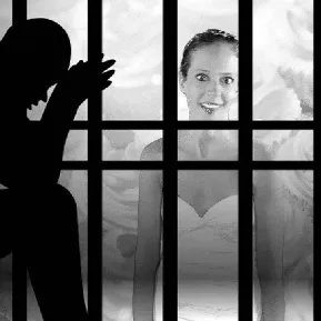 Jail Bars Green Screen Photo Booth Woman silhouette behind jail cell bars with face visible looking out through opening