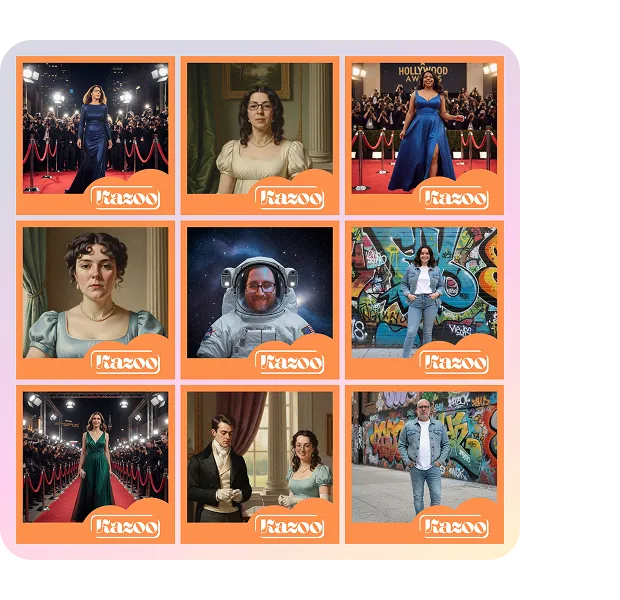 Photo Booth Print Gallery Grid of nine photo booth prints with orange borders showing diverse scenes: red carpet events, formal occasions, astronaut costume, graffiti wall backdrop, and indoor settings. Each print displays the Kazoo logo.
