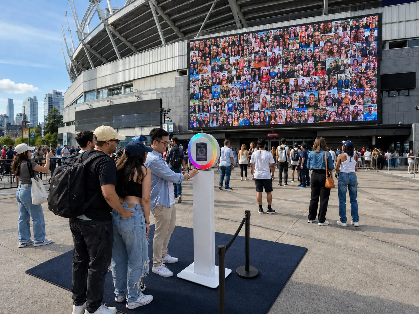 Live Gallery Wall on Stadium Jumbotron Fans using a photo booth outside a stadium while a giant screen displays a live mosaic of fan photos