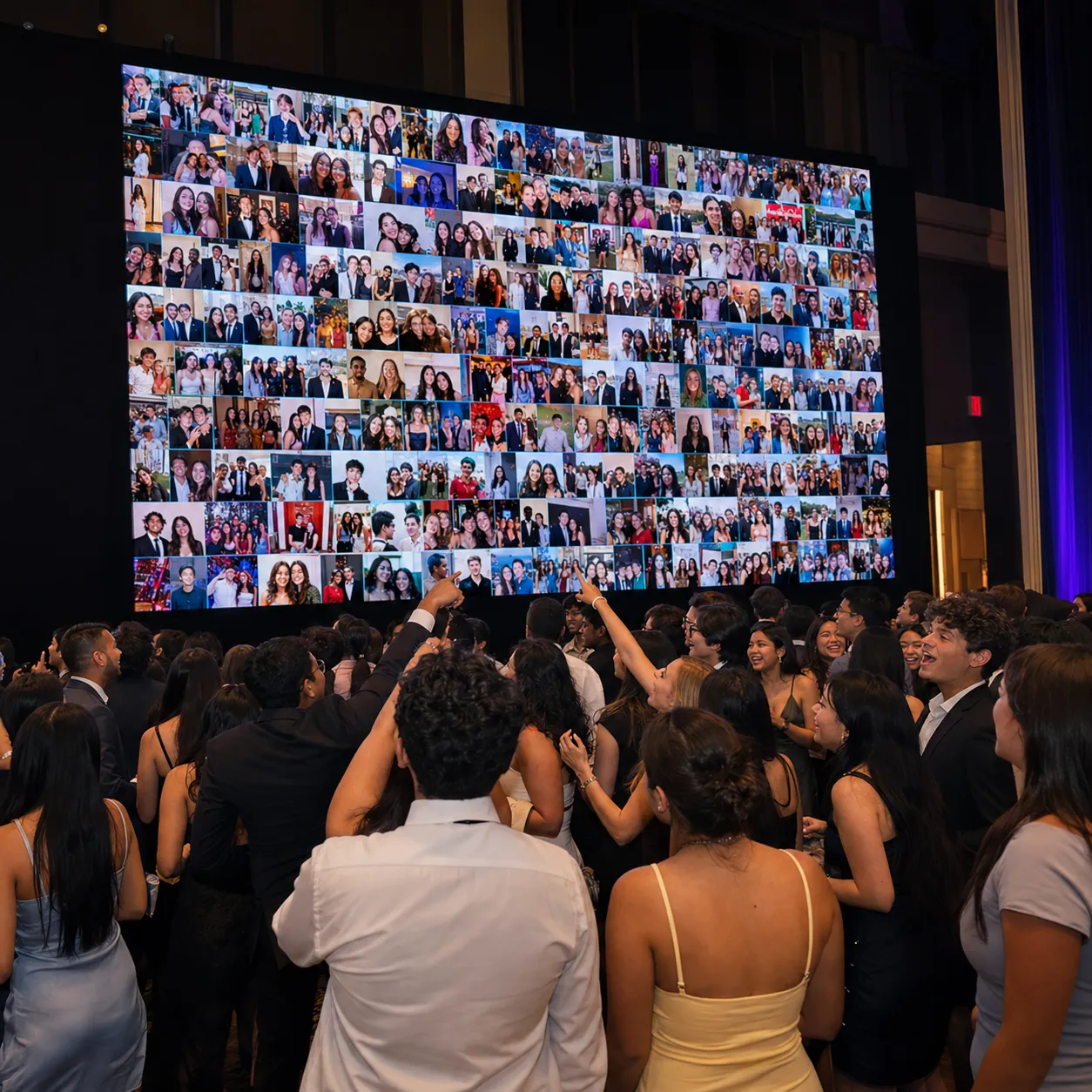 Live Gallery Wall at a Reception Party guests in formal wear pointing at a big screen filled with a live grid of photo booth photos