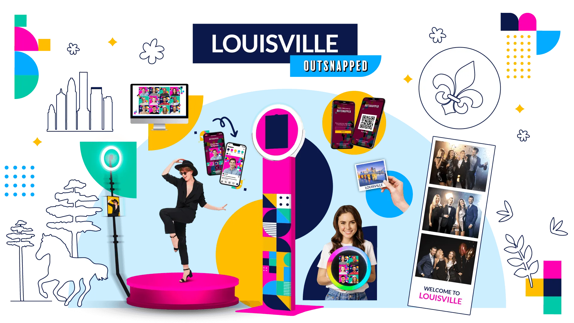 OutSnapped photo booth rentals in Louisville featuring AI booth, open-air booth, and guests enjoying colorful photo experiences with instant prints