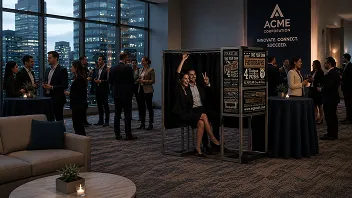 Corporate event attendees networking in an upscale venue with floor-to-ceiling windows, featuring MagBooth photo booth setup with branded signage and guests in formal attire.