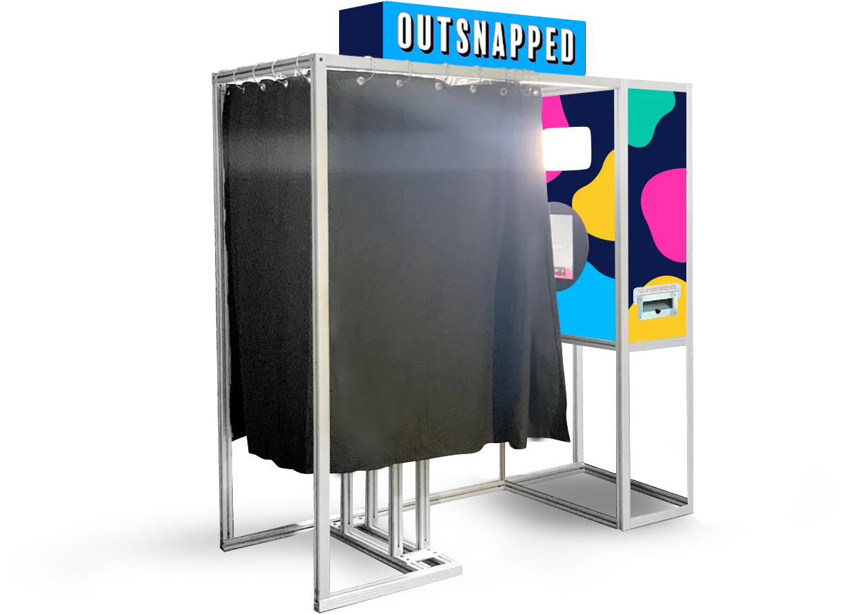 Magbooth Enclosed Photo Booth OutSnapped Magbooth enclosed photo booth with black curtain and colorful branded exterior panel